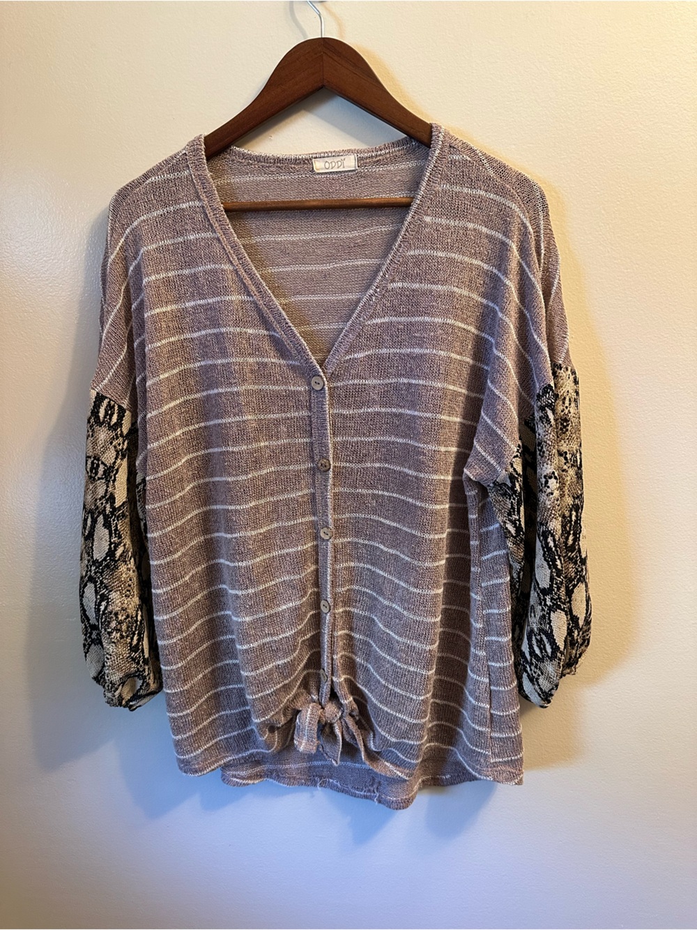 #367 ODDY Striped Taupe Cardigan with Black Snake-Print Sleeves